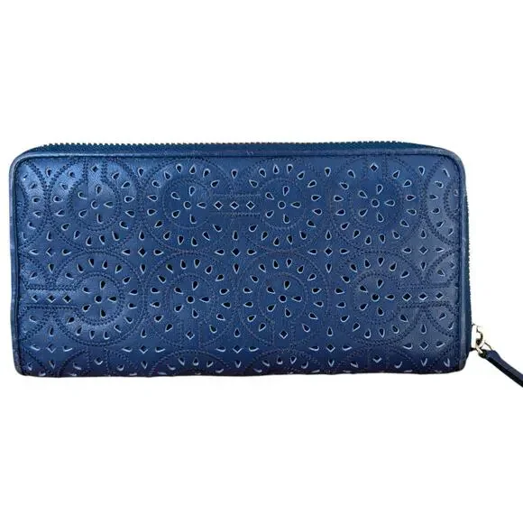 COACH Madison Blue Laser Cut Leather Accordion Zip-Around Wallet - Picture 1 of 12